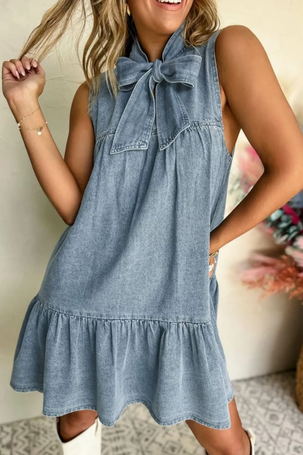 Clearance Dear-Lover Bowknot Neck Sleeveless Ruffled Chambray Dress Real Teal