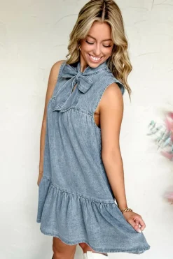 Clearance Dear-Lover Bowknot Neck Sleeveless Ruffled Chambray Dress Real Teal