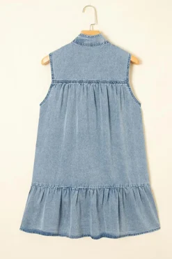 Clearance Dear-Lover Bowknot Neck Sleeveless Ruffled Chambray Dress Real Teal