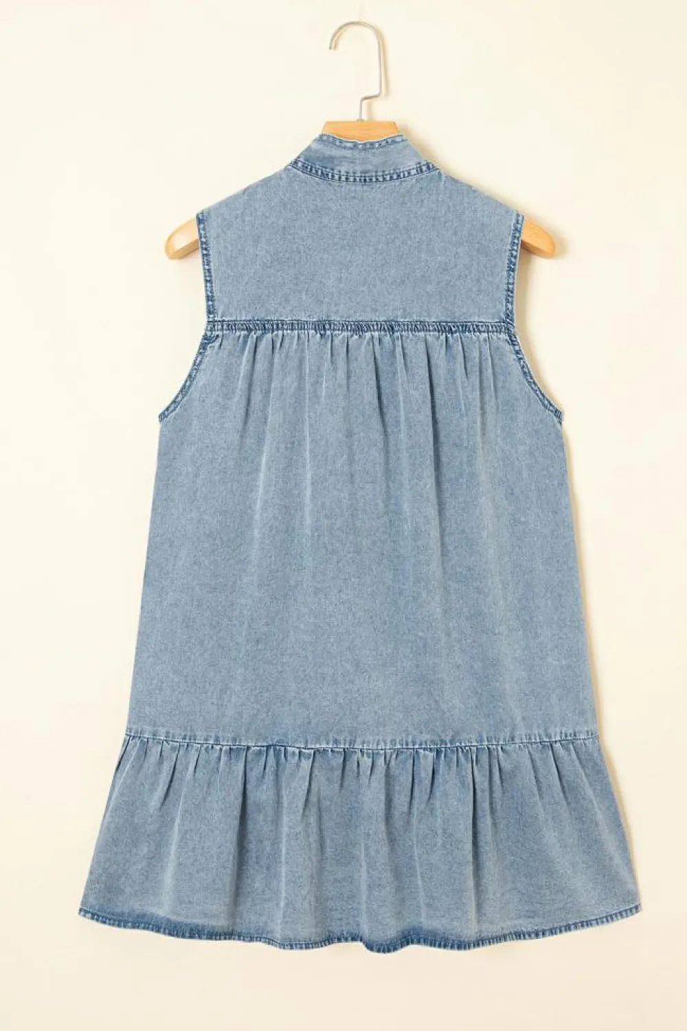 Clearance Dear-Lover Bowknot Neck Sleeveless Ruffled Chambray Dress Real Teal