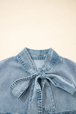 Clearance Dear-Lover Bowknot Neck Sleeveless Ruffled Chambray Dress Real Teal