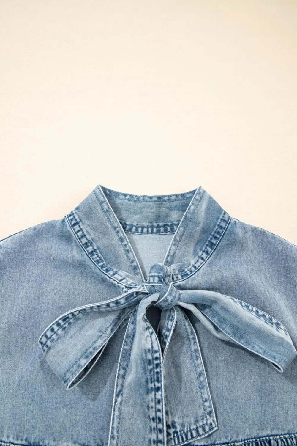 Clearance Dear-Lover Bowknot Neck Sleeveless Ruffled Chambray Dress Real Teal