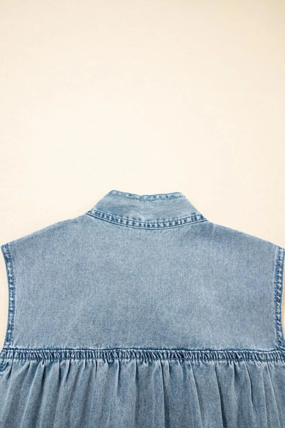 Clearance Dear-Lover Bowknot Neck Sleeveless Ruffled Chambray Dress Real Teal