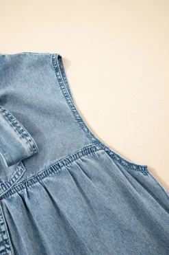 Clearance Dear-Lover Bowknot Neck Sleeveless Ruffled Chambray Dress Real Teal