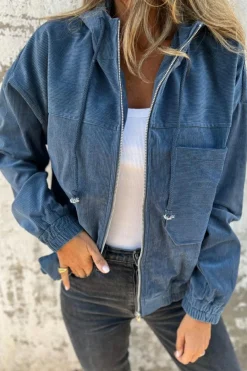 Discount Dear-Lover Corduroy Drawstring Hooded Pocket Zip Up Jacket Real Teal
