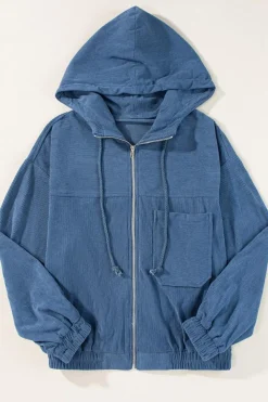 Discount Dear-Lover Corduroy Drawstring Hooded Pocket Zip Up Jacket Real Teal