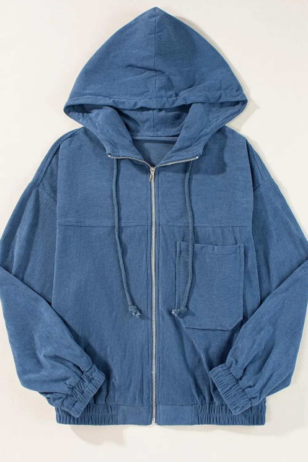 Discount Dear-Lover Corduroy Drawstring Hooded Pocket Zip Up Jacket Real Teal