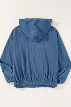 Discount Dear-Lover Corduroy Drawstring Hooded Pocket Zip Up Jacket Real Teal