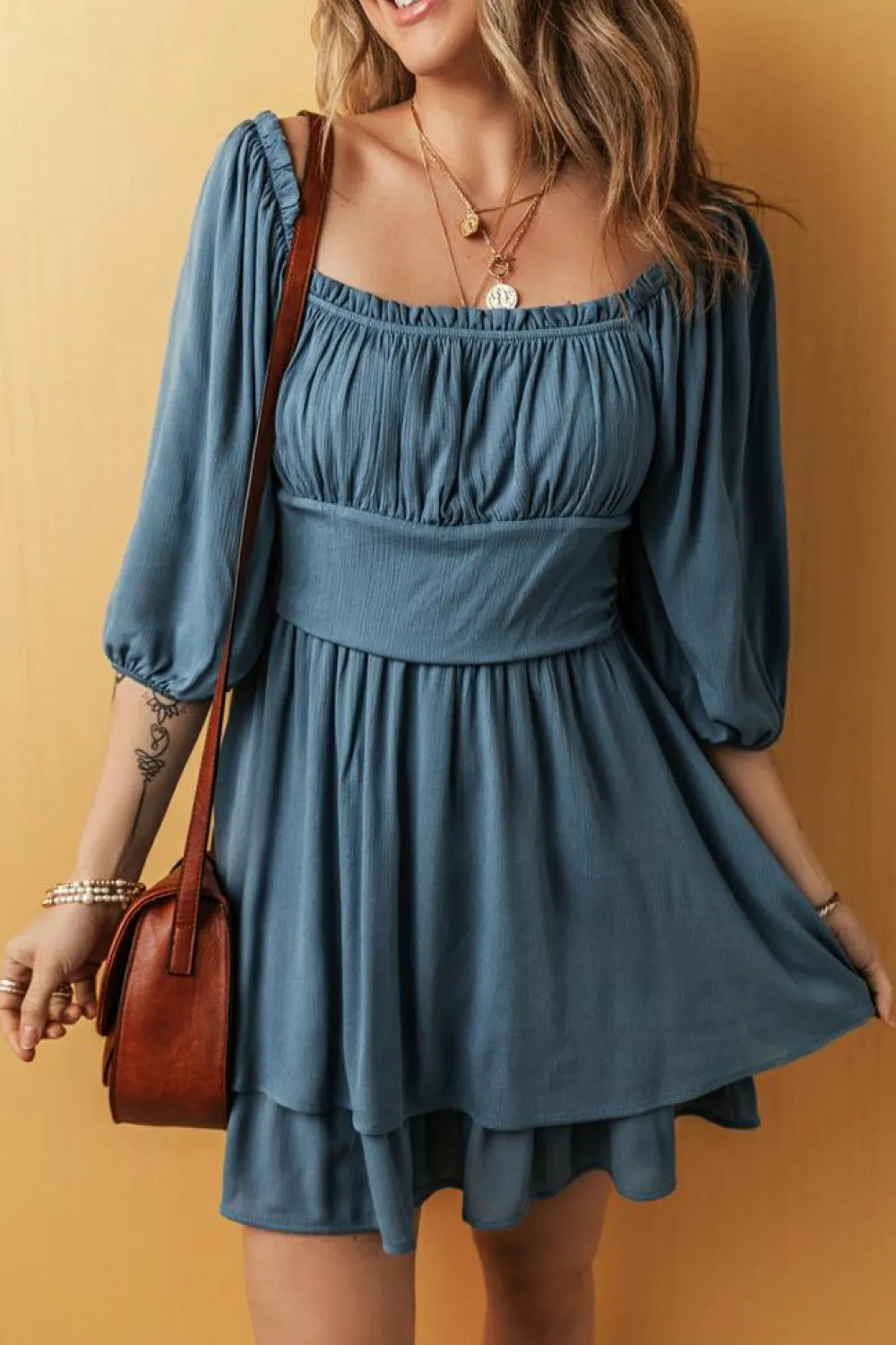 Fashion Dear-Lover Frilled Neckline 3/4 Sleeve Layered Ruched Mini Dress Real Teal