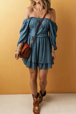 Fashion Dear-Lover Frilled Neckline 3/4 Sleeve Layered Ruched Mini Dress Real Teal