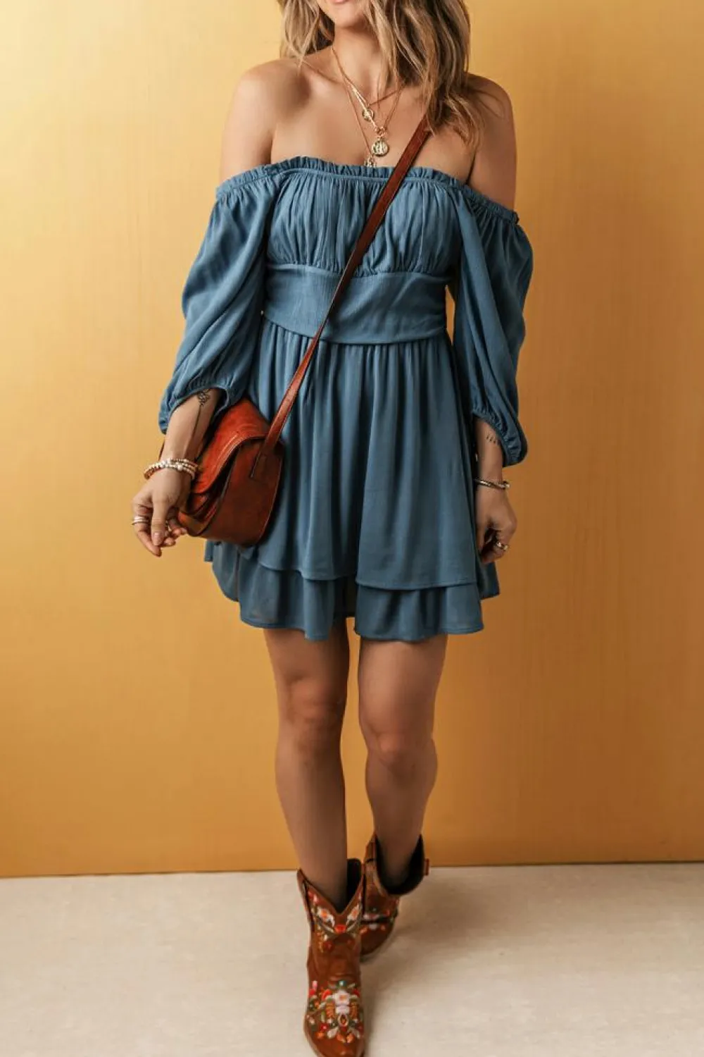 Fashion Dear-Lover Frilled Neckline 3/4 Sleeve Layered Ruched Mini Dress Real Teal