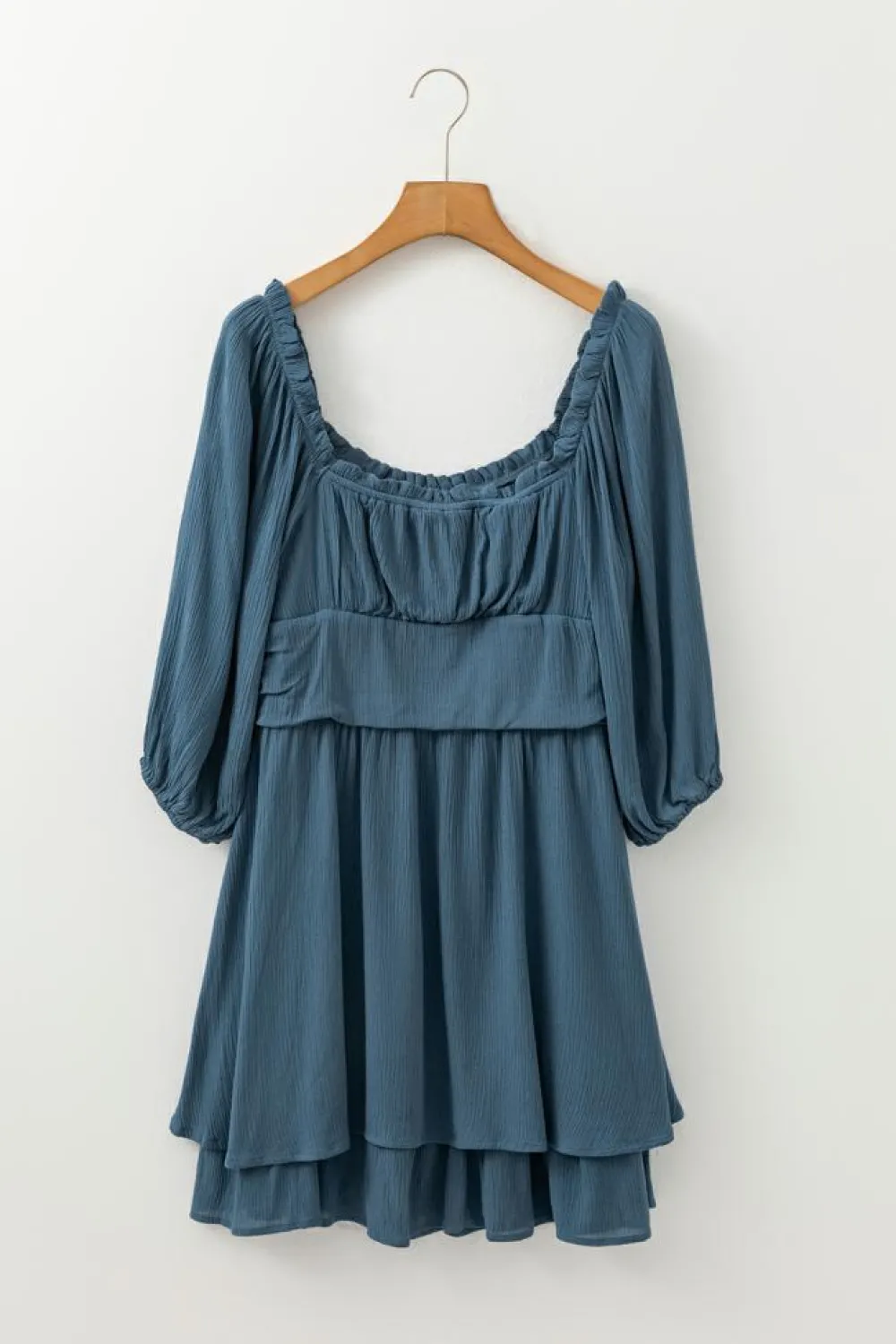 Fashion Dear-Lover Frilled Neckline 3/4 Sleeve Layered Ruched Mini Dress Real Teal