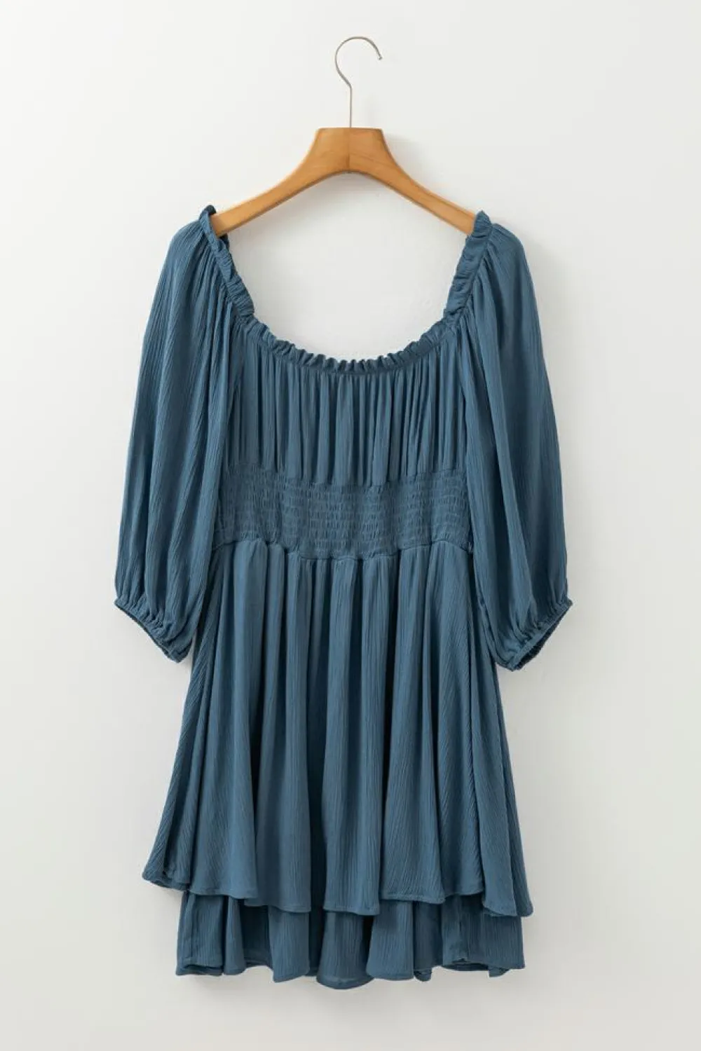Fashion Dear-Lover Frilled Neckline 3/4 Sleeve Layered Ruched Mini Dress Real Teal