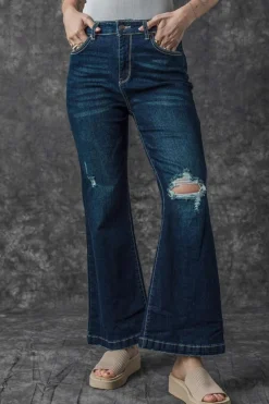 Clearance Dear-Lover High Rise Ripped Bell Bottom Jeans Real Teal