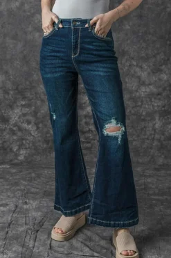 Clearance Dear-Lover High Rise Ripped Bell Bottom Jeans Real Teal
