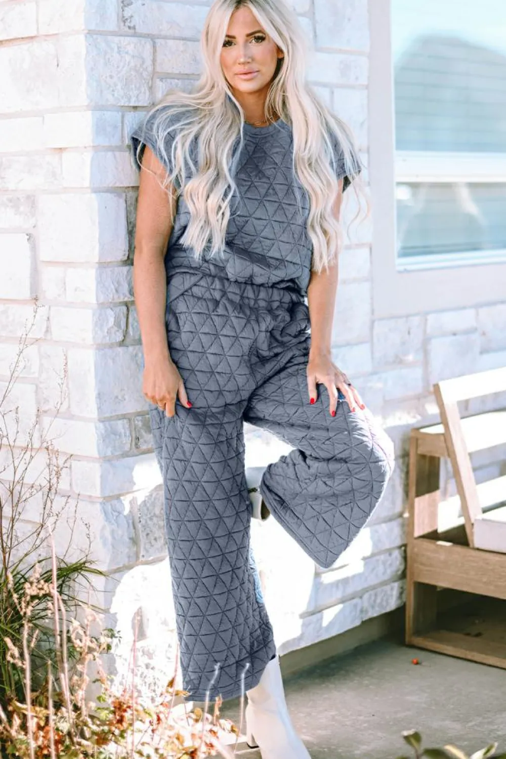 Best Dear-Lover Quilted Short Sleeve Wide Leg Pants Set Real Teal