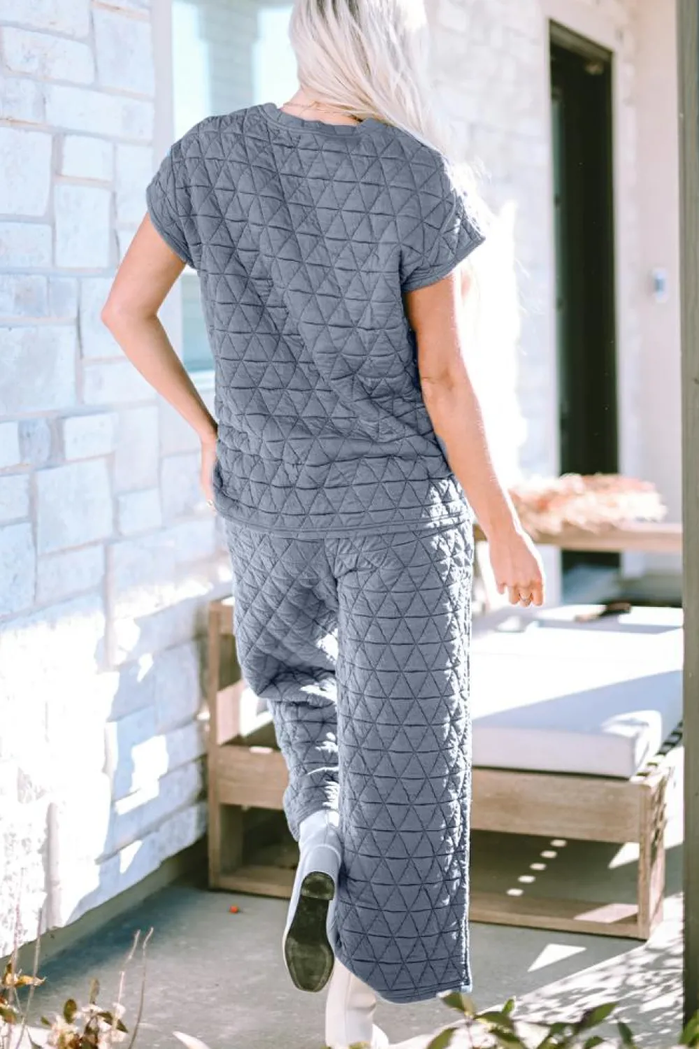 Best Dear-Lover Quilted Short Sleeve Wide Leg Pants Set Real Teal