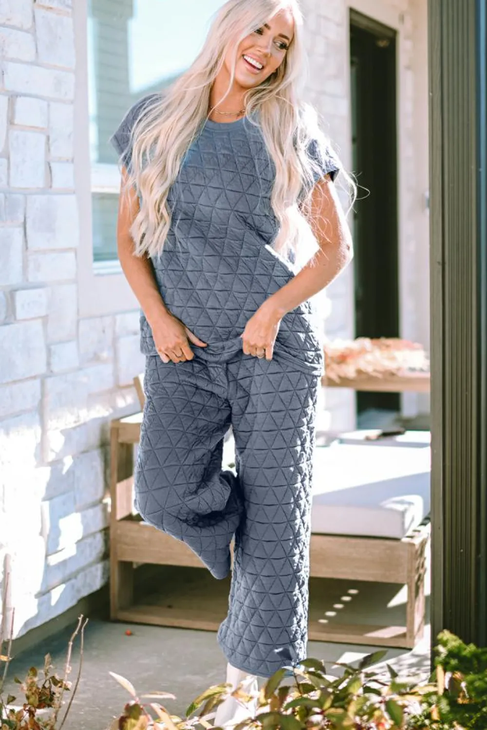 Best Dear-Lover Quilted Short Sleeve Wide Leg Pants Set Real Teal