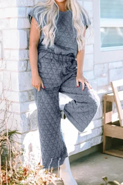 Best Dear-Lover Quilted Short Sleeve Wide Leg Pants Set Real Teal