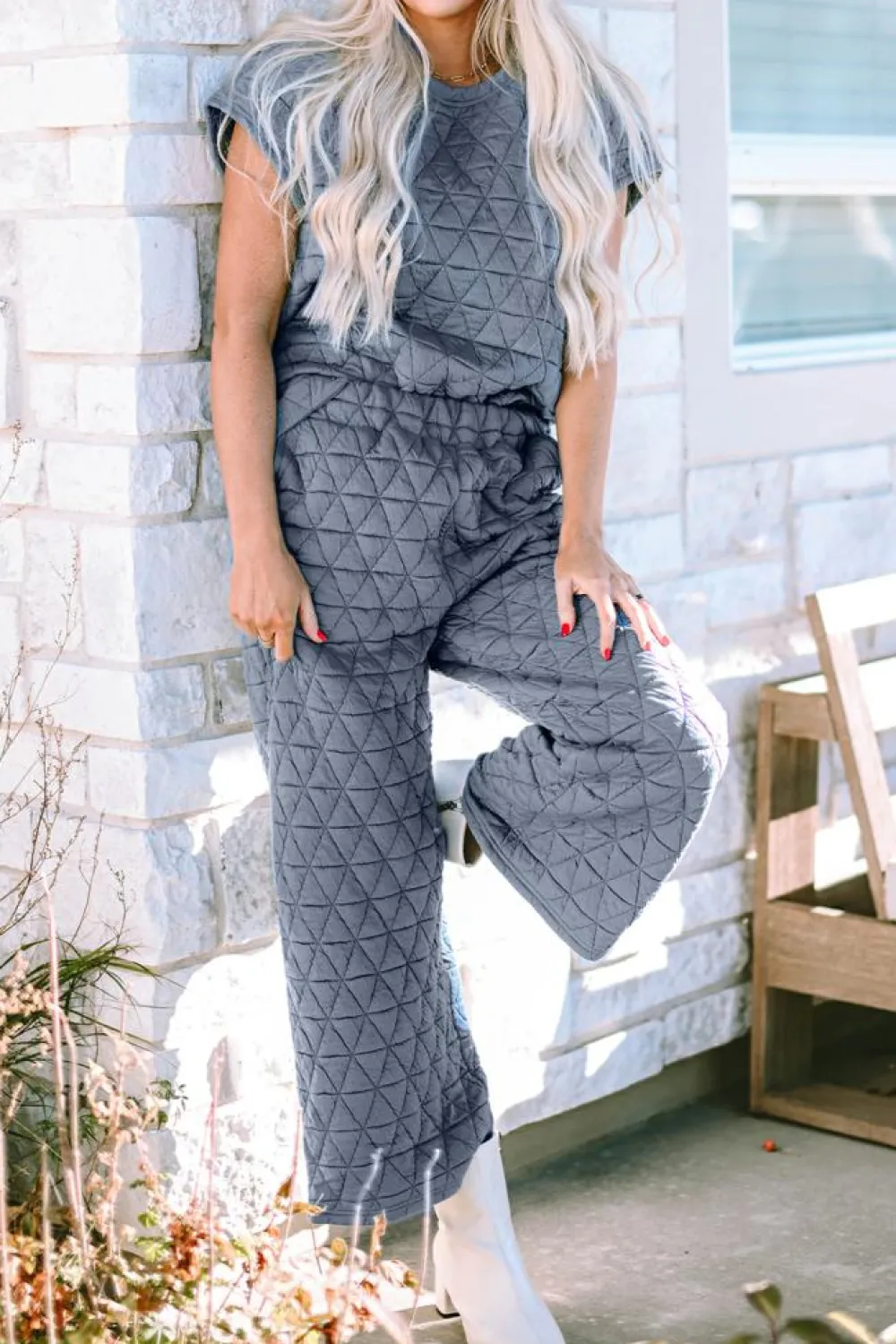 Best Dear-Lover Quilted Short Sleeve Wide Leg Pants Set Real Teal