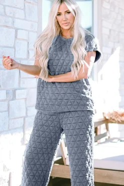 Best Dear-Lover Quilted Short Sleeve Wide Leg Pants Set Real Teal