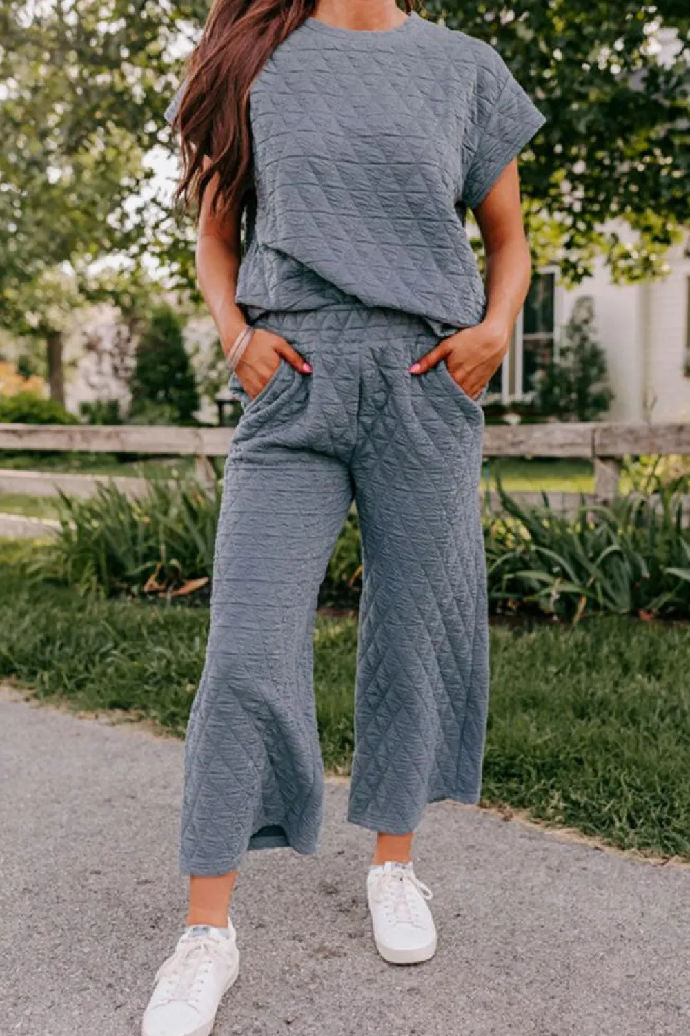 Best Dear-Lover Quilted Short Sleeve Wide Leg Pants Set Real Teal