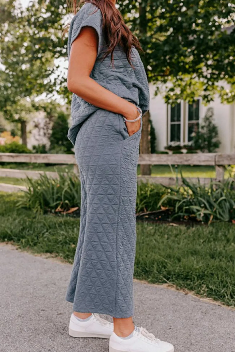 Best Dear-Lover Quilted Short Sleeve Wide Leg Pants Set Real Teal