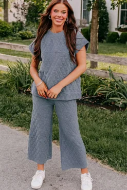 Best Dear-Lover Quilted Short Sleeve Wide Leg Pants Set Real Teal