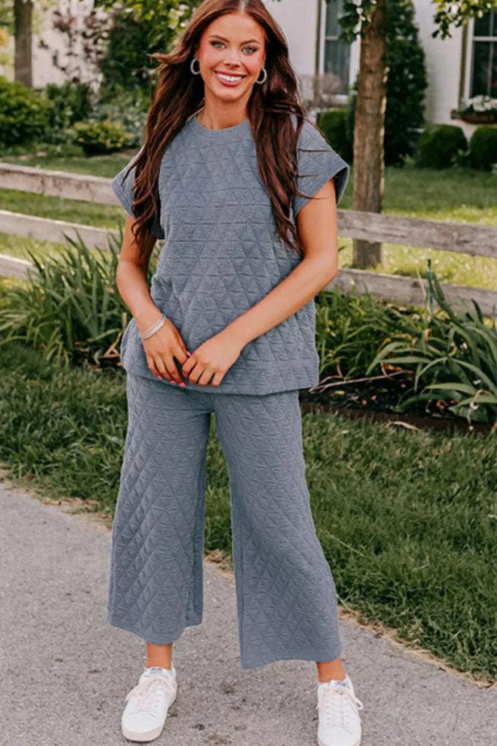 Best Dear-Lover Quilted Short Sleeve Wide Leg Pants Set Real Teal