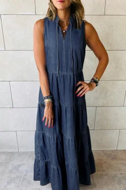 Hot Dear-Lover Sleeveless Tiered Chambray Maxi Dress Real Teal