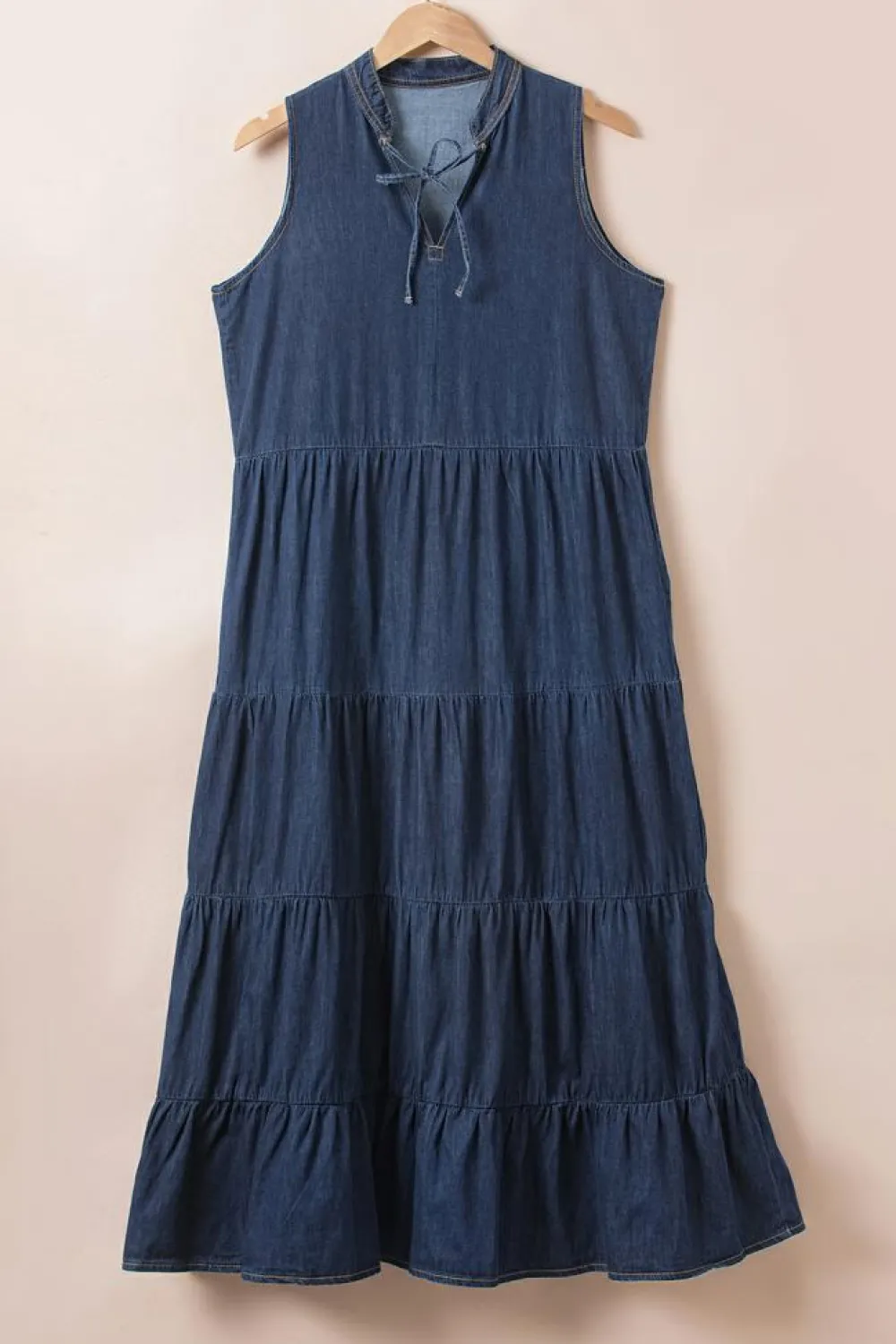 Hot Dear-Lover Sleeveless Tiered Chambray Maxi Dress Real Teal