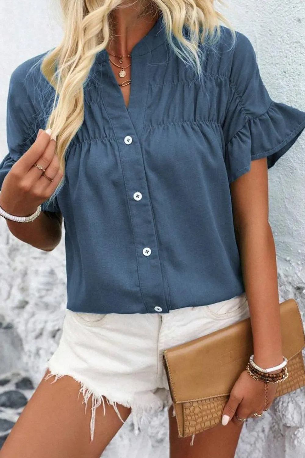 Online Dear-Lover Solid Color Ruffle Ruched Short Sleeve Buttoned Shirt Real Teal