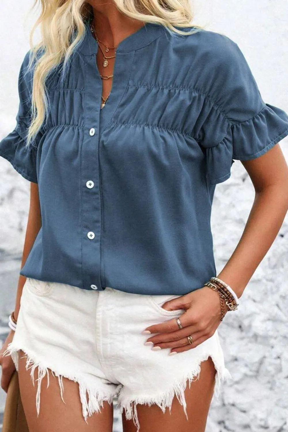 Online Dear-Lover Solid Color Ruffle Ruched Short Sleeve Buttoned Shirt Real Teal