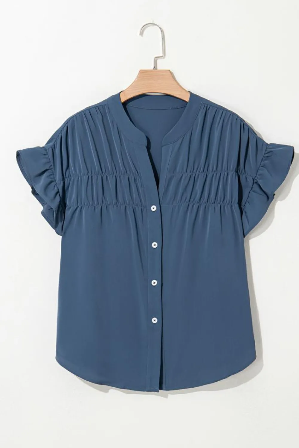 Online Dear-Lover Solid Color Ruffle Ruched Short Sleeve Buttoned Shirt Real Teal