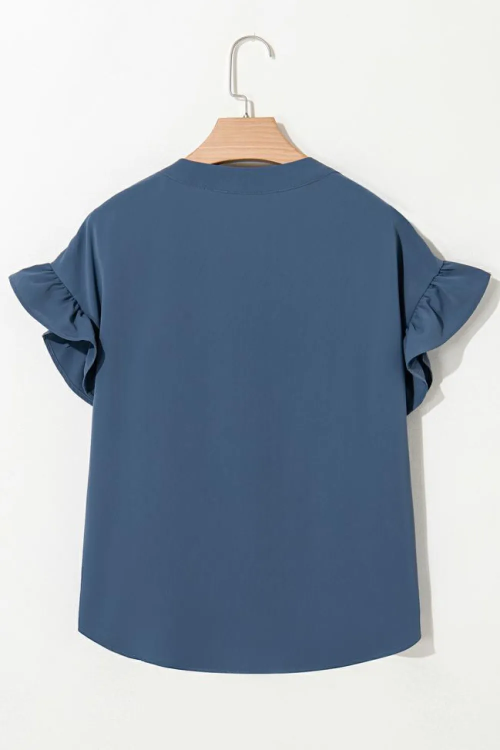 Online Dear-Lover Solid Color Ruffle Ruched Short Sleeve Buttoned Shirt Real Teal
