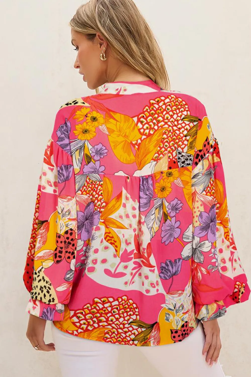 Best Dear-Lover Abstract Floral Print Buttoned Ruffled Bubble Sleeve Shirt Red