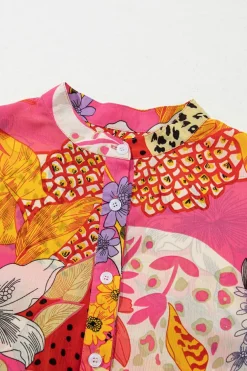 Best Dear-Lover Abstract Floral Print Buttoned Ruffled Bubble Sleeve Shirt Red