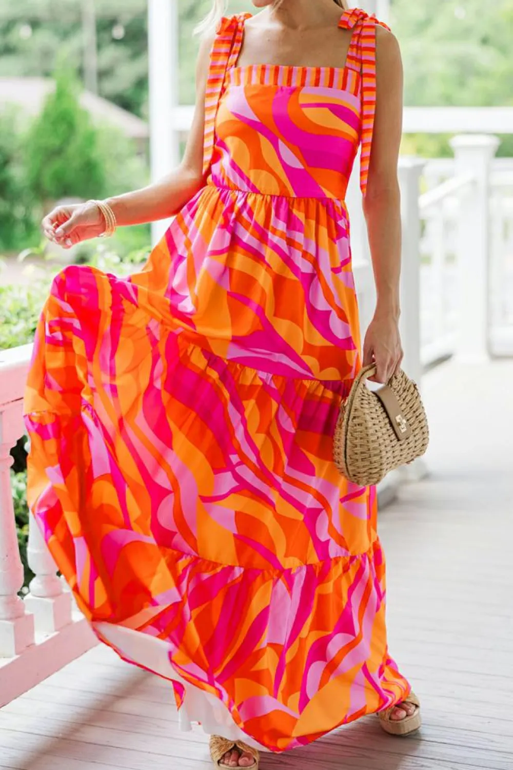 Best Dear-Lover Abstract Print Knotted Shoulder High Waist Maxi Dress Red