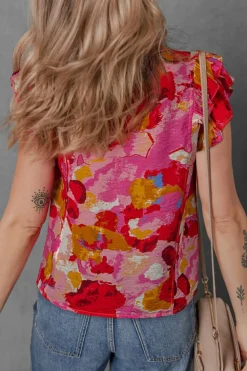 Discount Dear-Lover Abstract Print Split V Neck Ruffle Short Sleeve Blouse Red