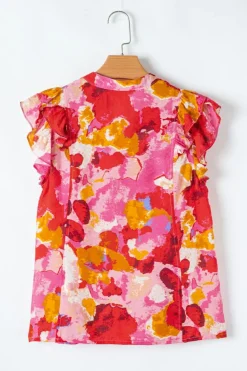 Discount Dear-Lover Abstract Print Split V Neck Ruffle Short Sleeve Blouse Red