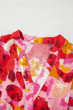 Discount Dear-Lover Abstract Print Split V Neck Ruffle Short Sleeve Blouse Red