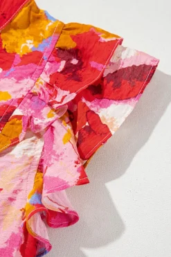 Discount Dear-Lover Abstract Print Split V Neck Ruffle Short Sleeve Blouse Red