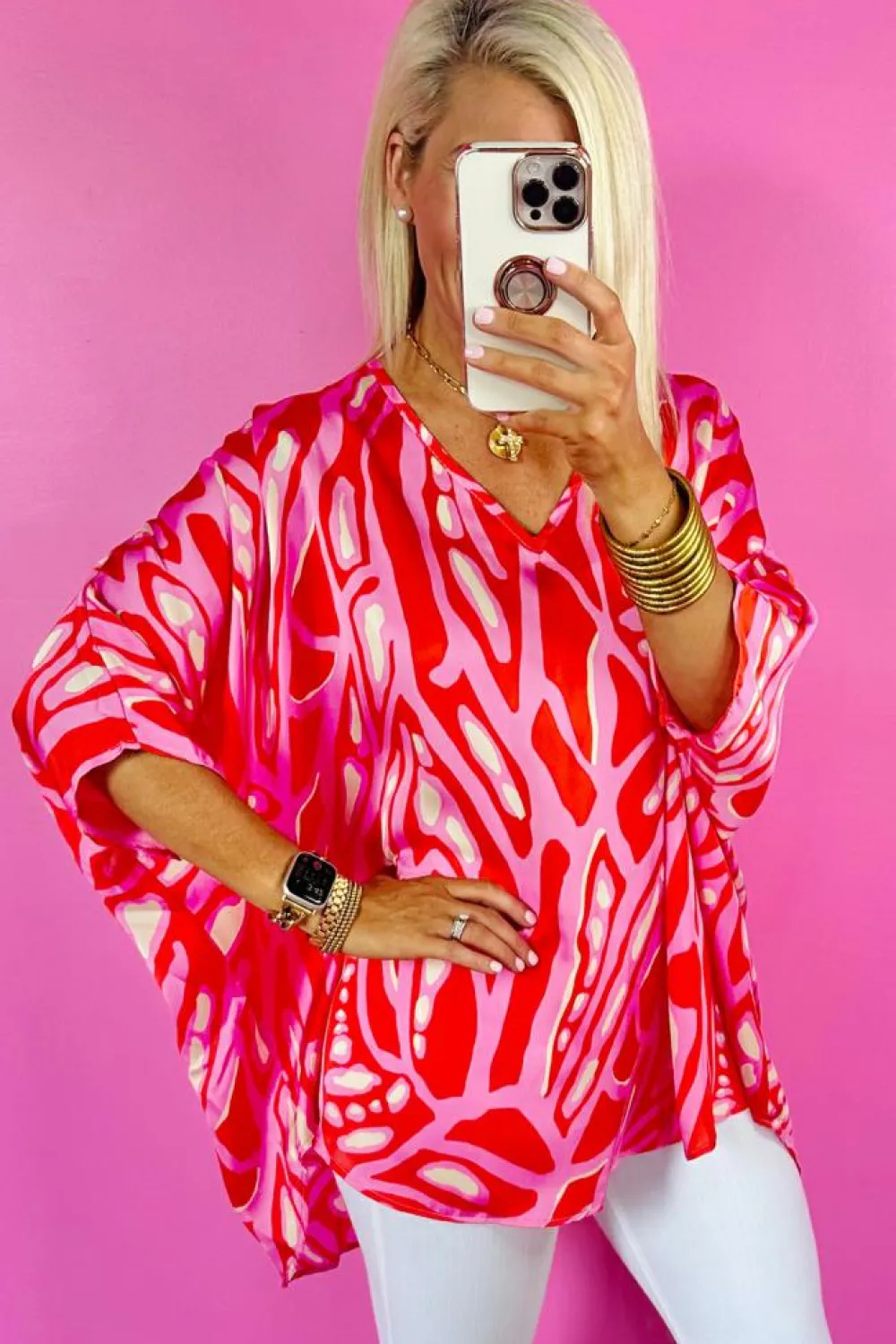Best Dear-Lover Abstract Print V Neck Batwing Sleeve Oversized Blouse Red