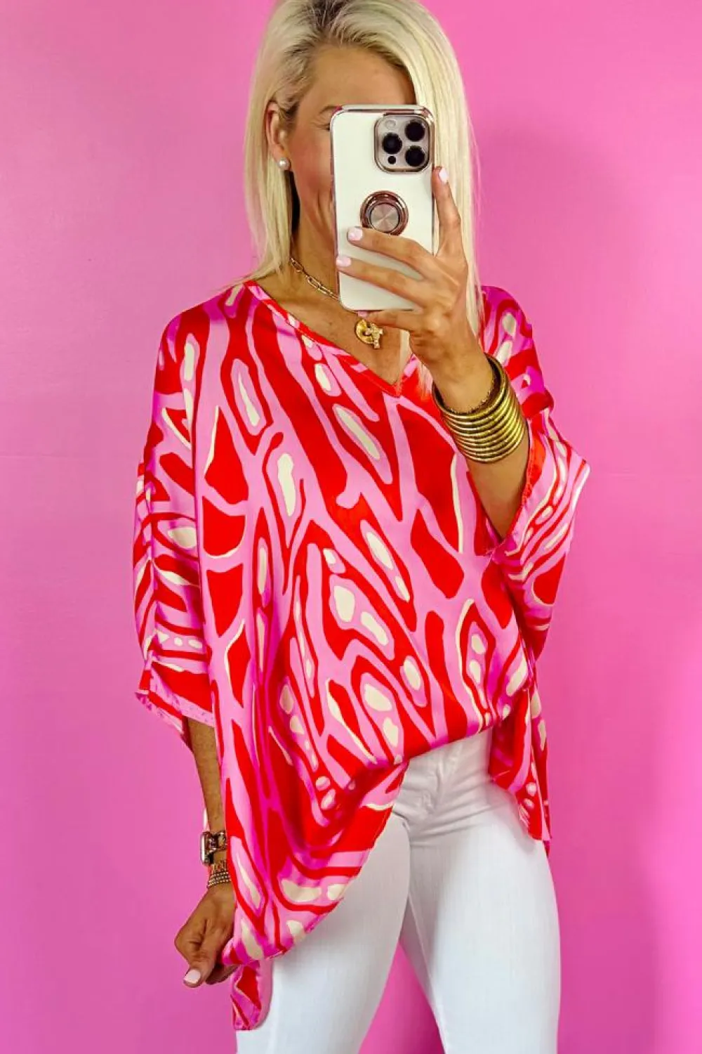 Best Dear-Lover Abstract Print V Neck Batwing Sleeve Oversized Blouse Red