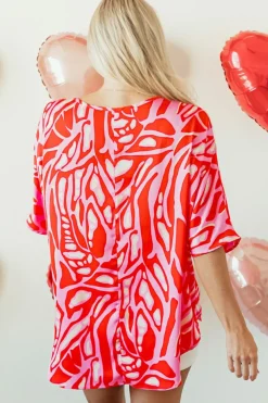 Best Dear-Lover Abstract Print V Neck Batwing Sleeve Oversized Blouse Red