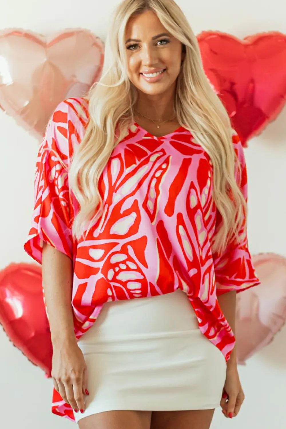 Best Dear-Lover Abstract Print V Neck Batwing Sleeve Oversized Blouse Red