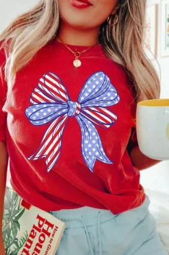 Sale Dear-Lover Red American Flag Bow Knot Print Crew Neck T Shirt Red-2