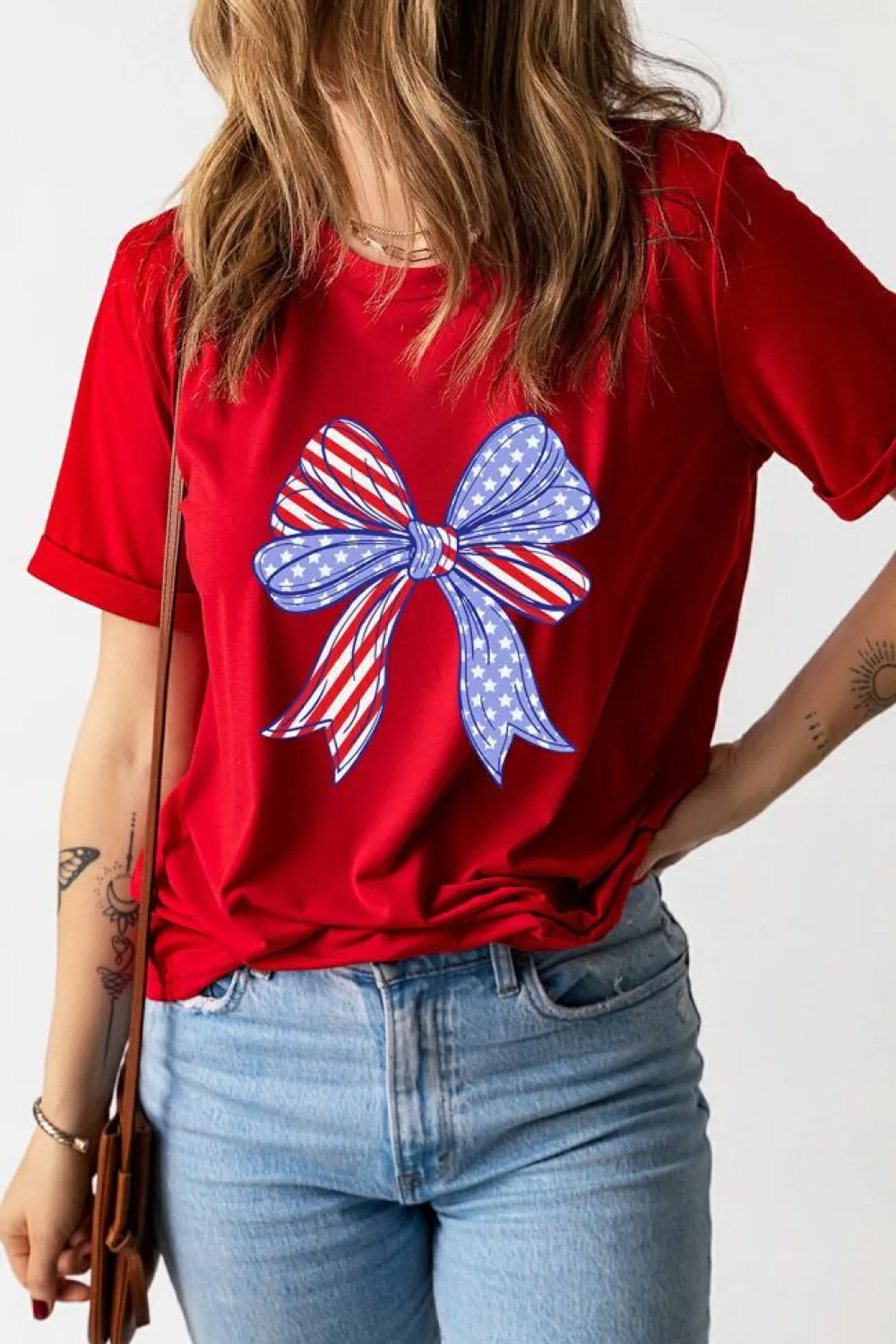 Sale Dear-Lover Red American Flag Bow Knot Print Crew Neck T Shirt Red-2