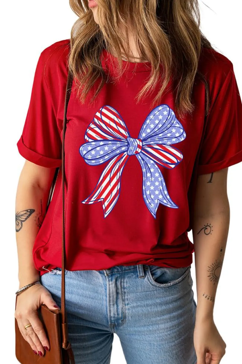 Sale Dear-Lover Red American Flag Bow Knot Print Crew Neck T Shirt Red-2