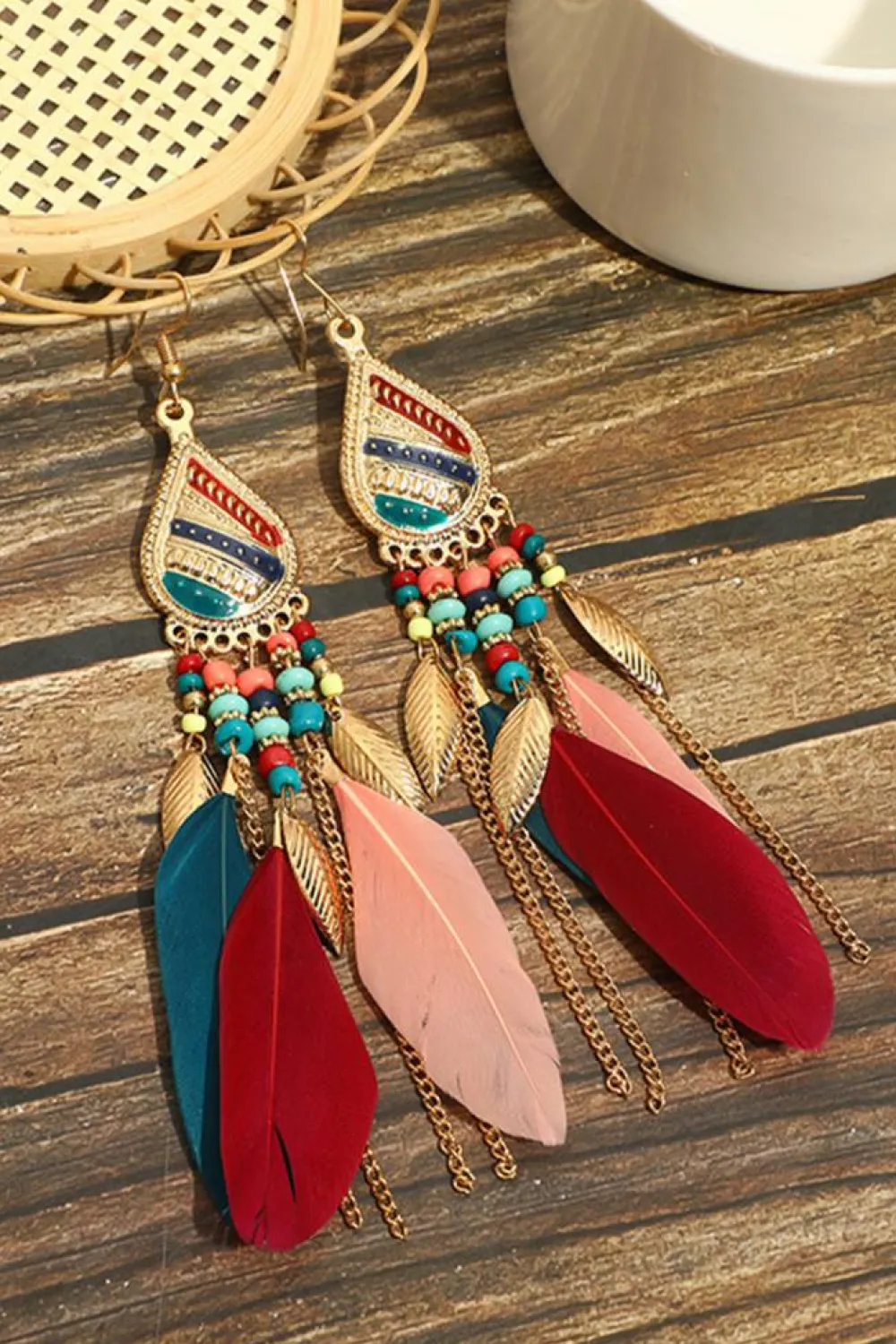 Fashion Dear-Lover Bohemian Feathe Beaded Tassel Hook Earrings Red